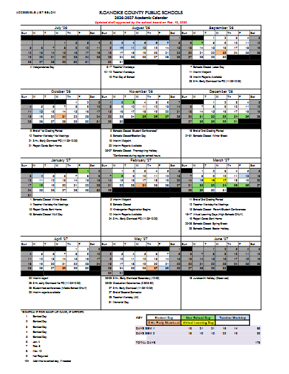 2026-2027 Roanoke County Public School Schedule