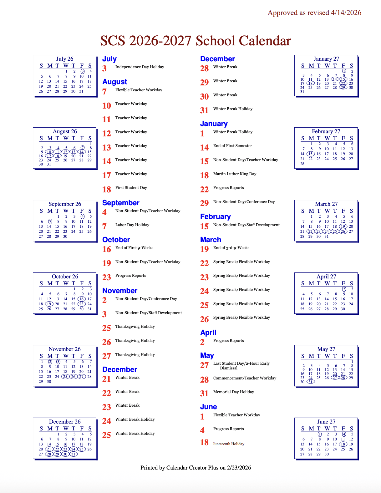 Salem City Public Schools 2026-2027 celendar